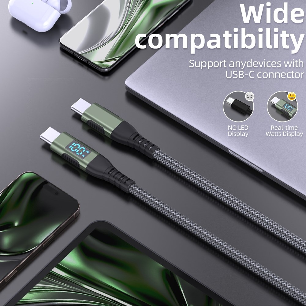 1 m-es nejlon USB-C / USB-C kábel kijelzővel és 100 W-os gyorstöltés támogatásával. Nagy teljesítmény, strapabíró kialakítás és megbízható adatátvitel.
