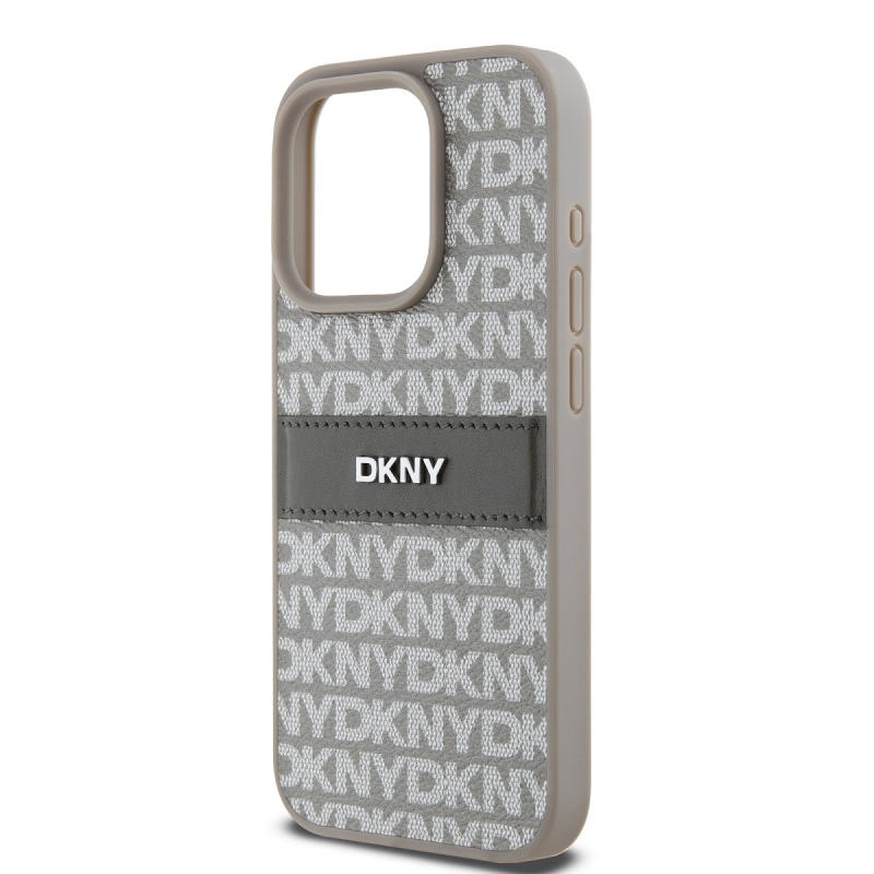 DKNY PU bőr ismétlődő mintás tonális csíkos hátlapi borító iPhone 15 Pro Max bézs színűhöz