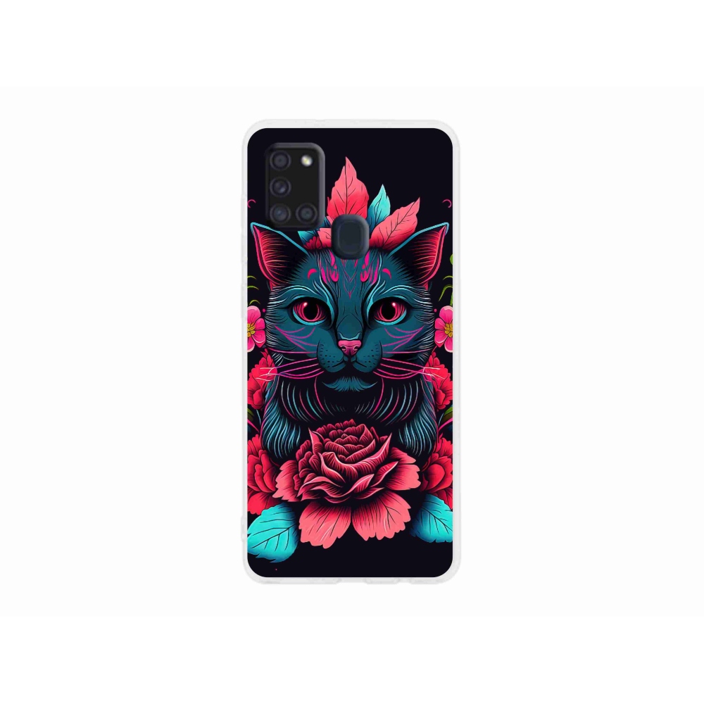 Gél borító mmCase Samsung Galaxy A21s készülékhez - virágok és macska