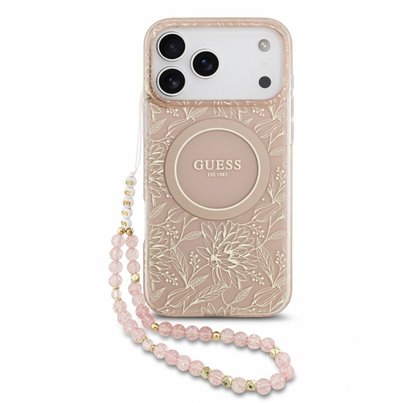Guess IML Flowers Allover Strap MagSafe hátsó tok iPhone 18 Pro Max-hoz, rózsaszín