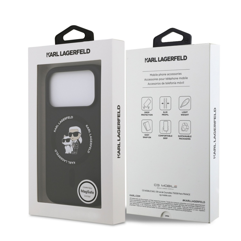 Karl Lagerfeld Liquid Silicone Karl és Choupette MagSafe hátsó tok iPhone 18 Pro Max-hoz, fekete