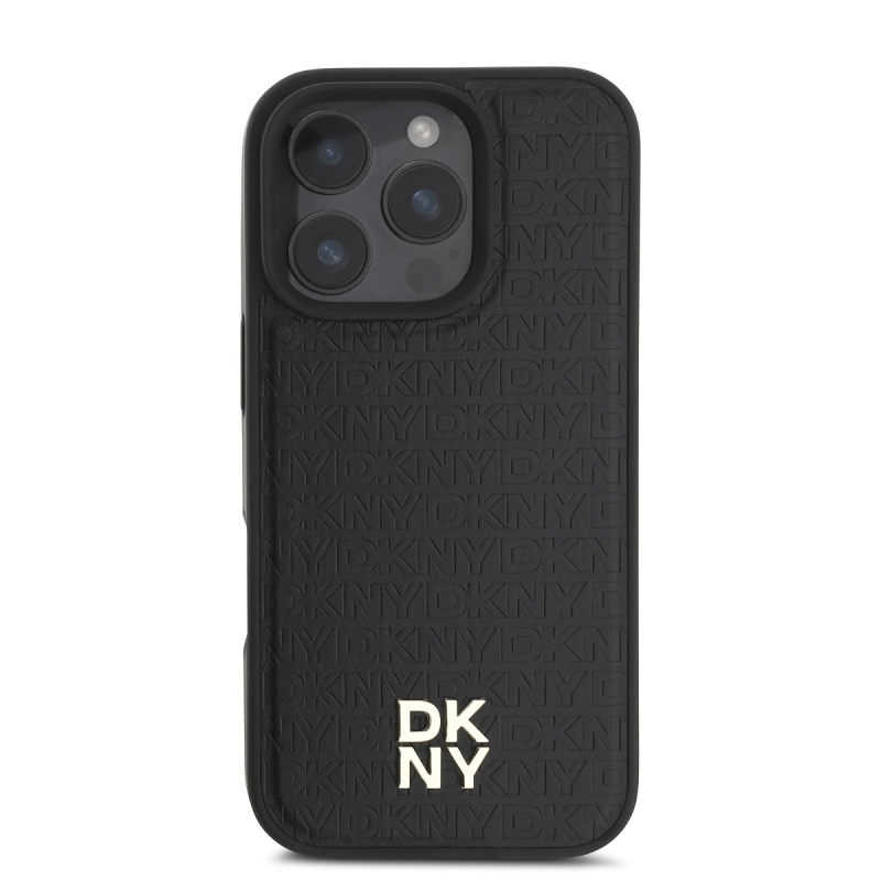 DKNY PU bőr Ismétlődő mintás Stack Logo MagSafe hátlap iPhone 16 Pro Max-hoz Fekete