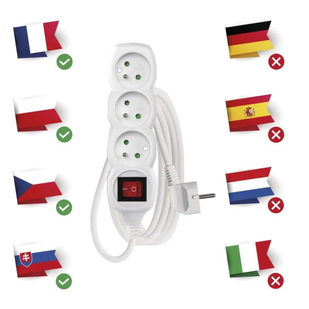 Hosszabbító kábel 3 m / 3 aljzat / kapcsolóval / fehér / PVC / 1 mm2