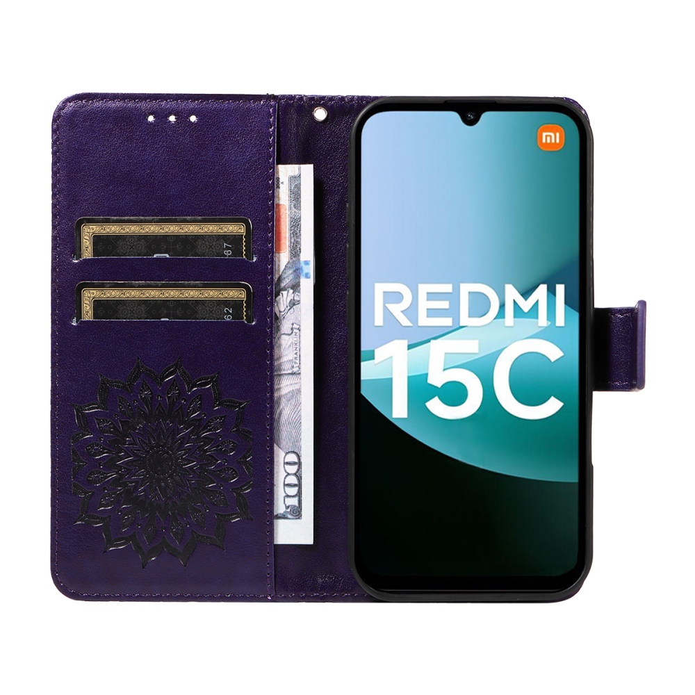 Napraforgó könyv tok Xiaomi Redmi 15C 4G/5G (173mm) - sötét lila