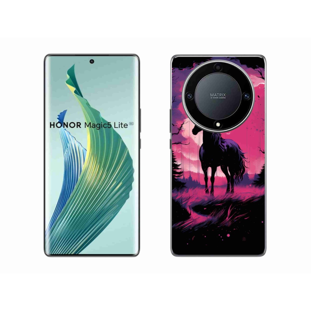 Zselés borítás mmCase a Honor Magic 5 Lite 5G számára - fekete rajzfilm ló 1