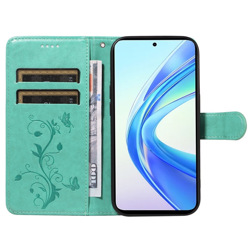 Virágok könyvtáska a Honor X7b/Honor 90 Smart készülékhez - teáskék színű