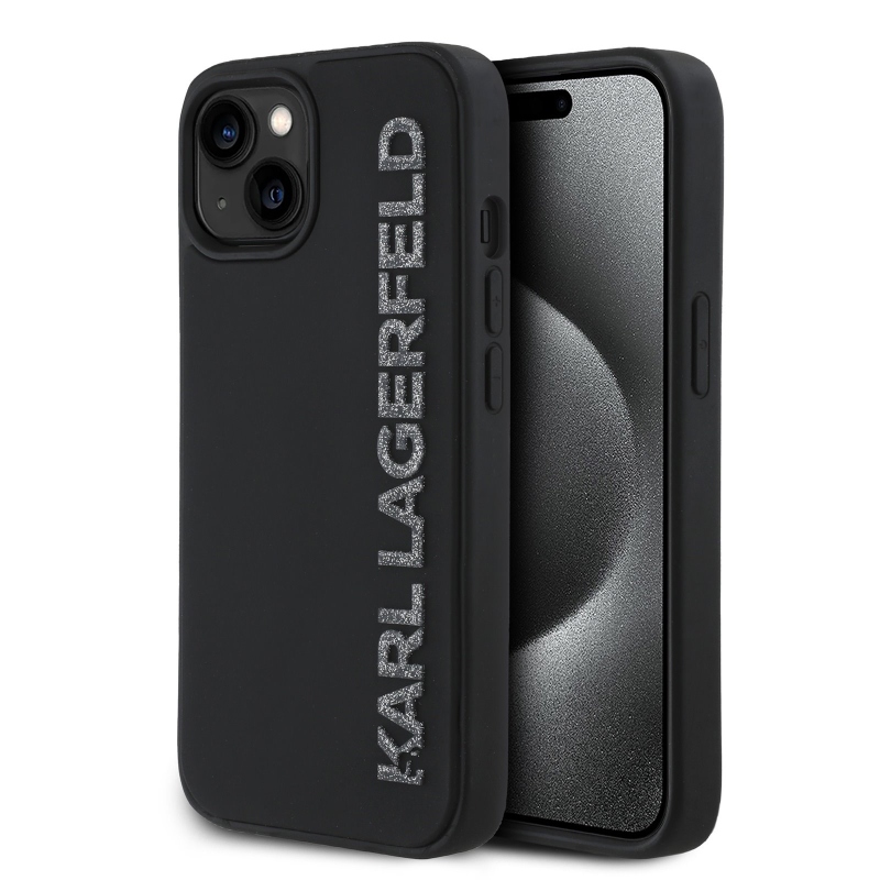 Karl Lagerfeld 3D gumiból készült csillogó logós hátlap iPhone 13-hoz Fekete