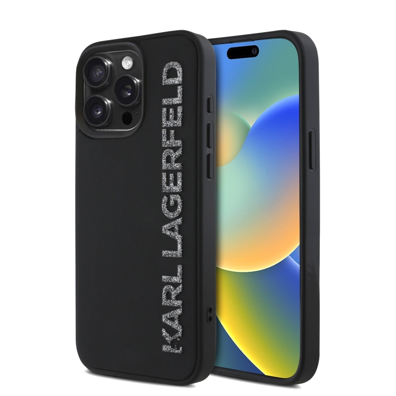 Karl Lagerfeld 3D gumiból készült csillogó logós hátlap iPhone 15 Pro Max készülékhez Fekete
