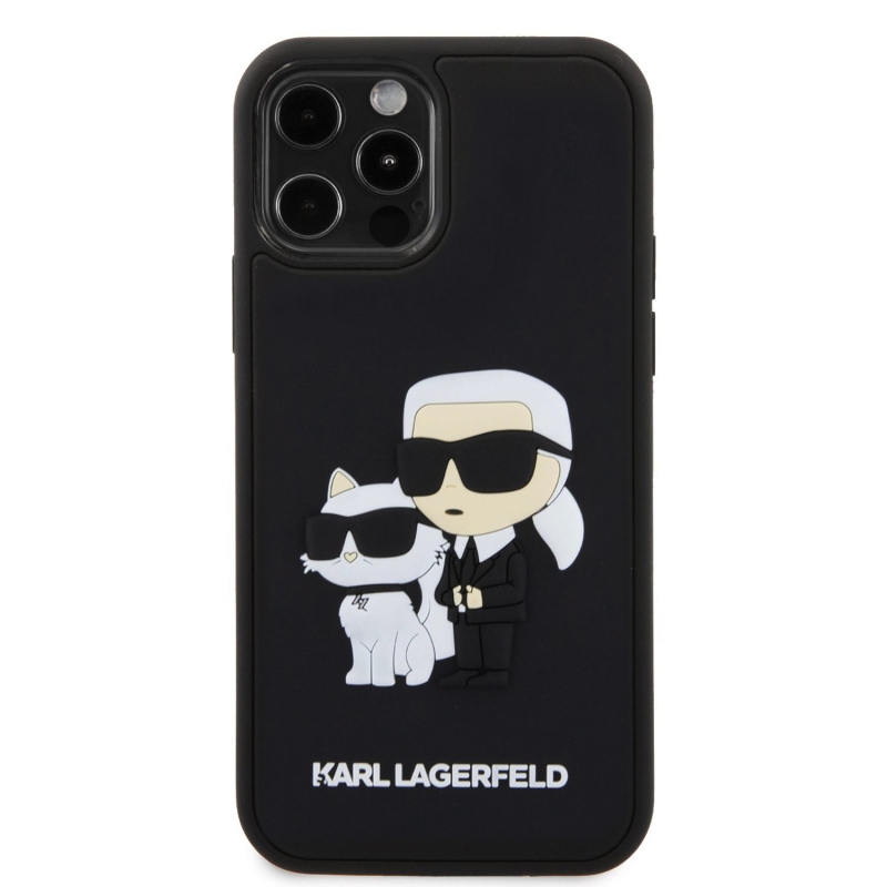 Karl Lagerfeld 3D gumiból készült Karl és Choupette hátlap iPhone 12/12 Pro fekete színűre
