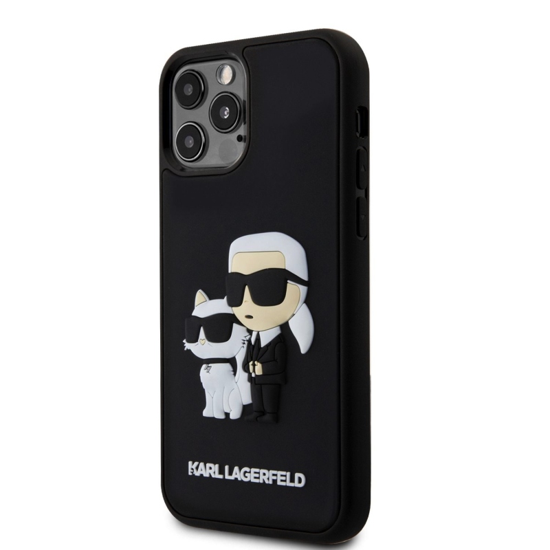 Karl Lagerfeld 3D gumiból készült Karl és Choupette hátlap iPhone 12/12 Pro fekete színűre