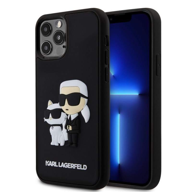 Karl Lagerfeld 3D gumiból készült Karl és Choupette hátlap iPhone 12/12 Pro fekete színűre