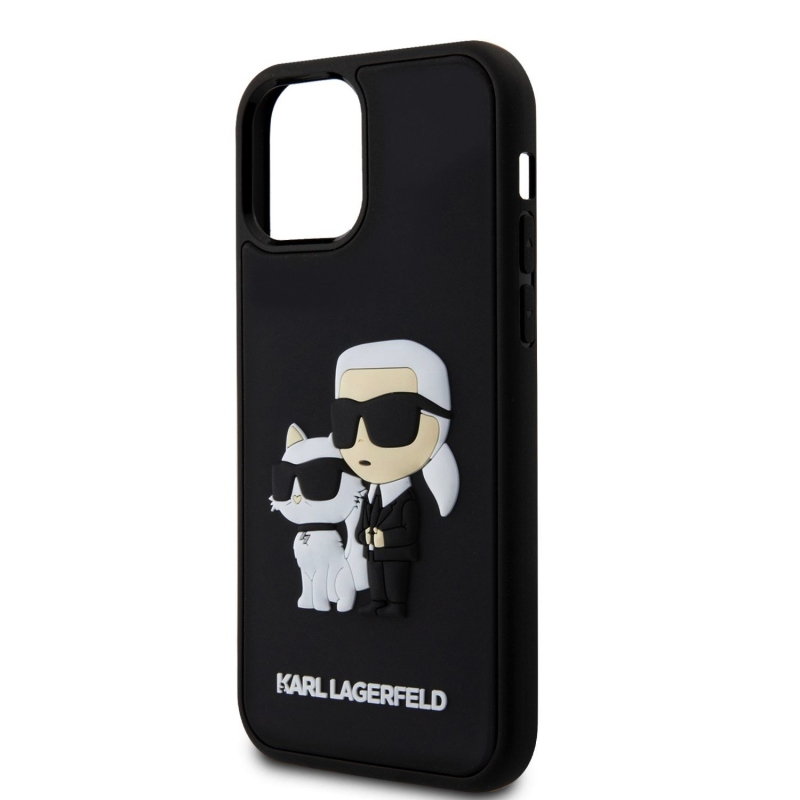 Karl Lagerfeld 3D gumiból készült Karl és Choupette hátlap iPhone 12/12 Pro fekete színűre