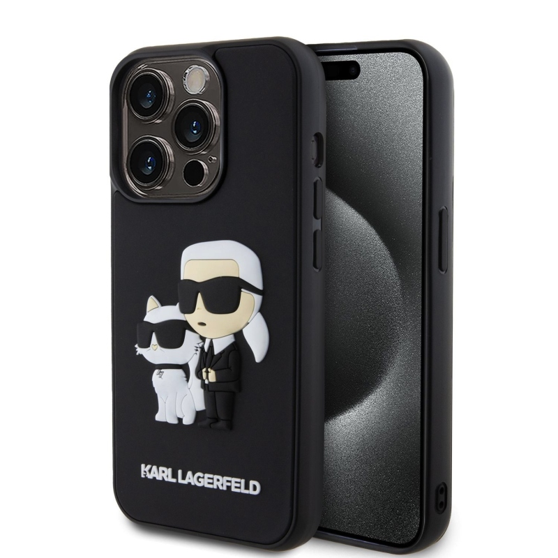 Karl Lagerfeld 3D gumiból készült Karl és Choupette hátlap iPhone 13 Pro készülékhez Fekete