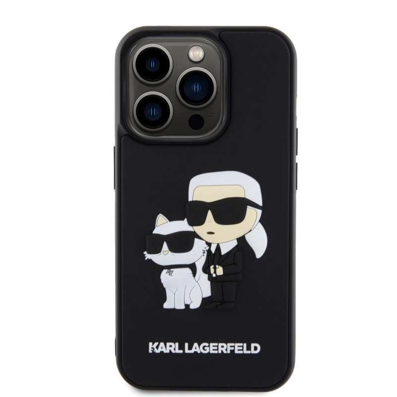 Karl Lagerfeld 3D gumiból készült Karl és Choupette hátlap iPhone 15 Pro készülékhez Fekete