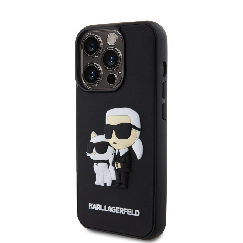 Karl Lagerfeld 3D gumiból készült Karl és Choupette hátlap iPhone 15 Pro készülékhez Fekete