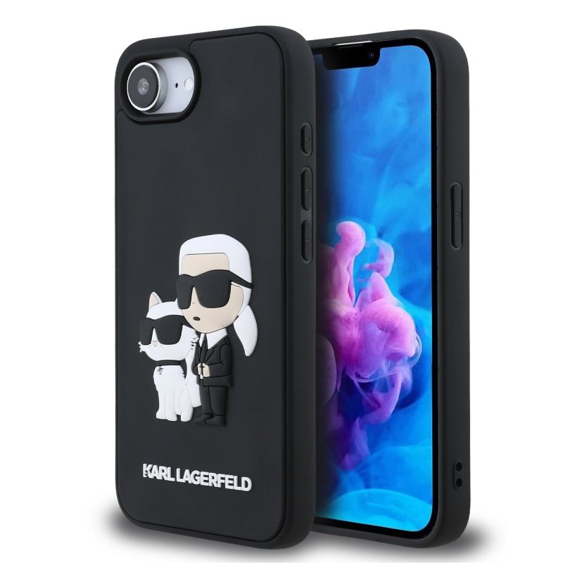 Karl Lagerfeld 3D gumiból készült Karl és Choupette hátlap iPhone 16e készülékhez Fekete
