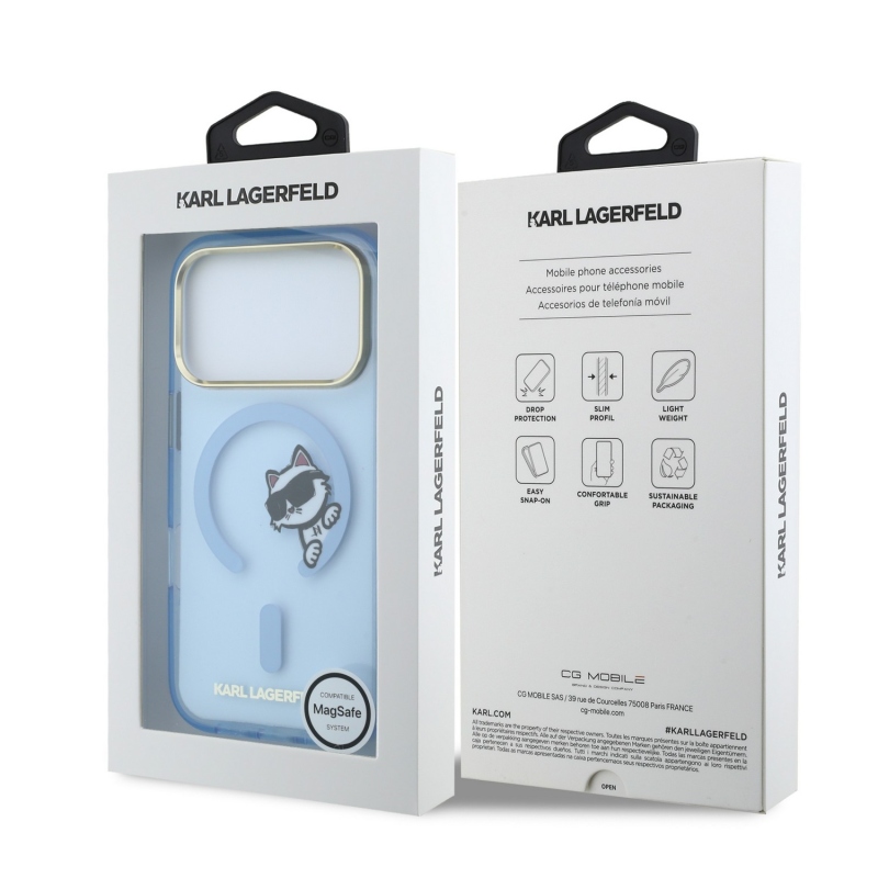 Karl Lagerfeld IML Choupette Peekaboo Magsafe hátsó tok iPhone 18 Pro Max-hoz, kék