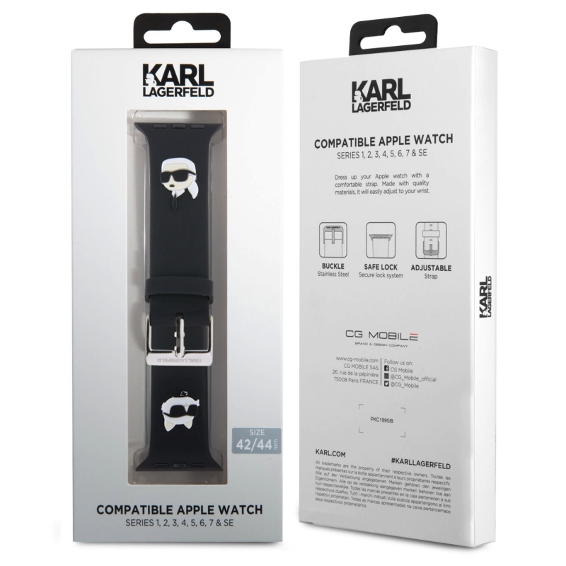 Karl Lagerfeld Karl és Choupette Head NFT szíj az Apple Watch 42/44/45/45/49 órához Fekete