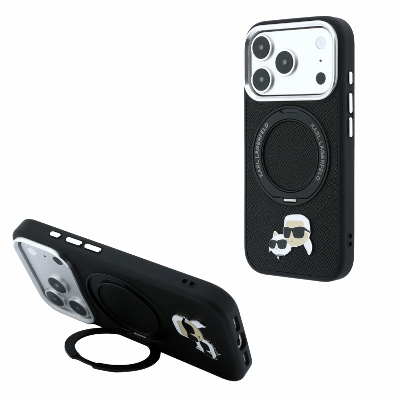 Karl Lagerfeld PU Grained K&CH Heads Ring Stand Magsafe hátsó tok iPhone 18 Pro Max-hoz, fekete