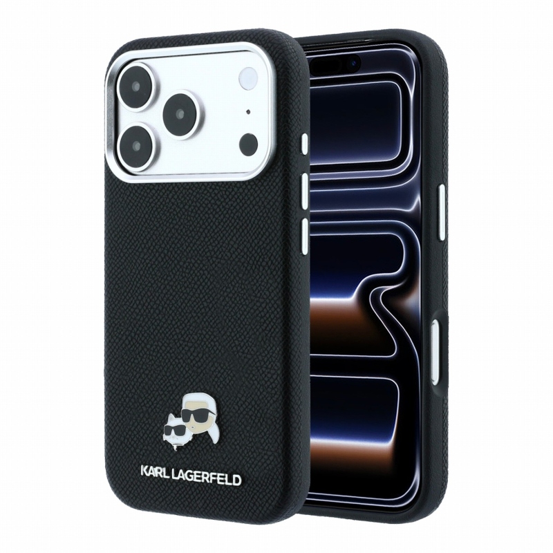 Karl Lagerfeld PU Grained Semi Wrap K&CH Heads Magsafe hátsó tok iPhone 18 Pro-hoz, fekete