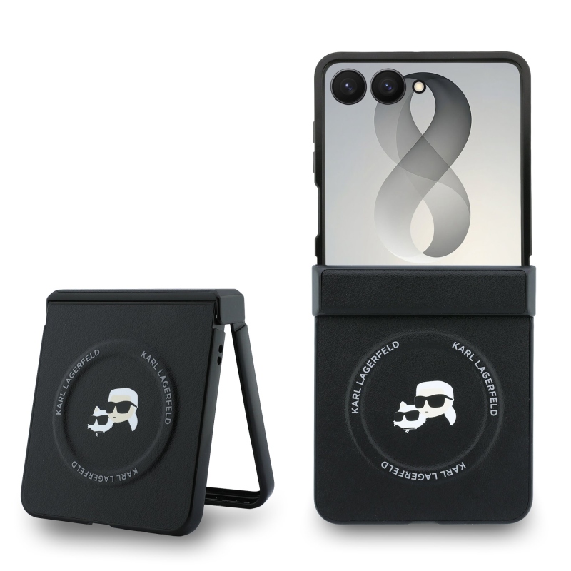 Karl Lagerfeld PU „Karl and Choupette Heads” mágneses hátlap a Samsung Galaxy Z Flip 8-hoz, fekete