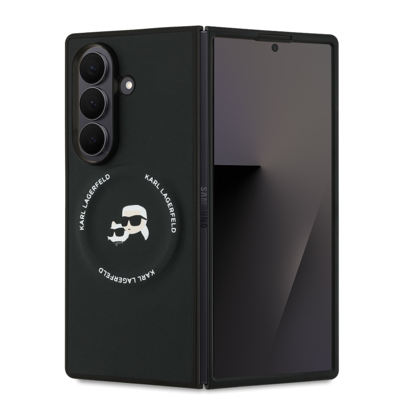 Karl Lagerfeld PU Karl és Choupette fejek mágneses hátlap a Samsung Galaxy Z Fold 7-hez fekete