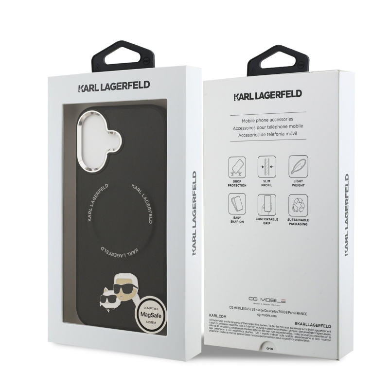 Karl Lagerfeld PU Karl és Choupette fejek díszítéssel, MagSafe hátlap iPhone 17-hez, fekete