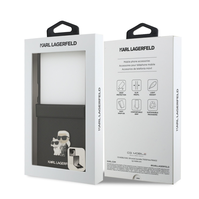 Karl Lagerfeld PU Saffiano Karl and Choupette hátlap Samsung Galaxy Z Flip 7 készülékhez, fekete