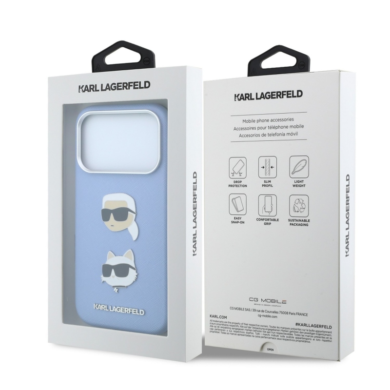 Karl Lagerfeld PU Semi Wrap Saffiano K&CH Heads hátsó tok iPhone 18 Pro-hoz, kék
