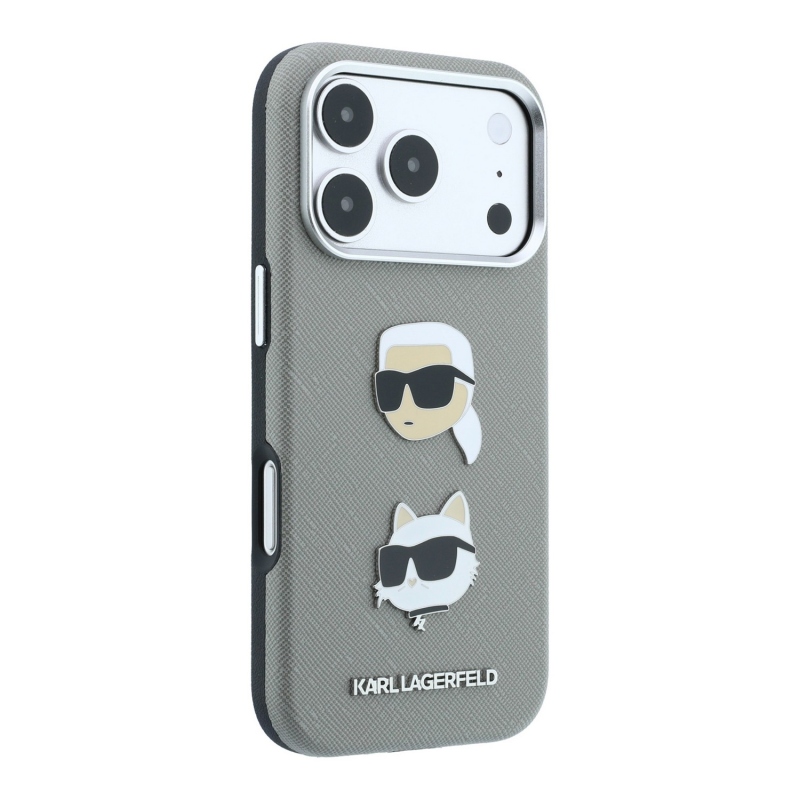 Karl Lagerfeld PU Semi Wrap Saffiano K&CH Heads hátsó tok iPhone 18 Pro-hoz, szürke