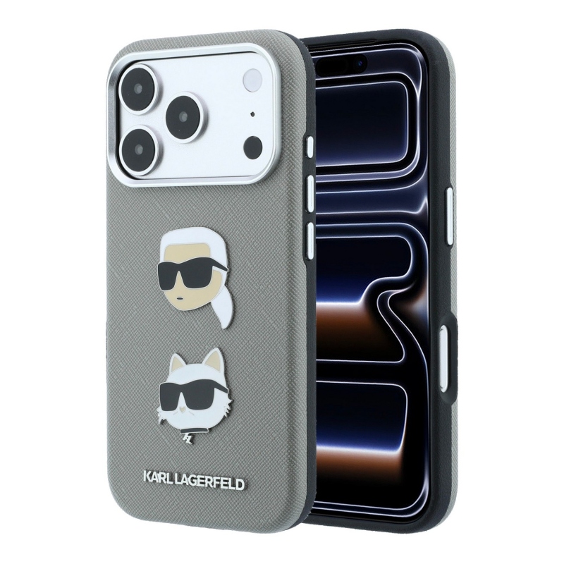 Karl Lagerfeld PU Semi Wrap Saffiano K&CH Heads hátsó tok iPhone 18 Pro-hoz, szürke