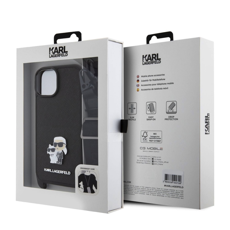 Karl Lagerfeld Saffiano Crossbody fém fém Karl és Choupette hátlap iPhone 15-hez fekete