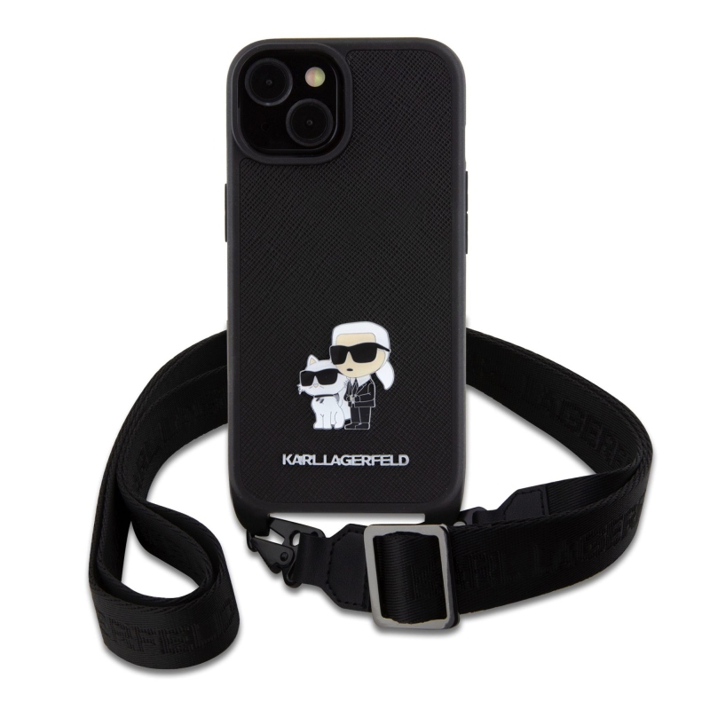Karl Lagerfeld Saffiano Crossbody fém fém Karl és Choupette hátlap iPhone 15-hez fekete