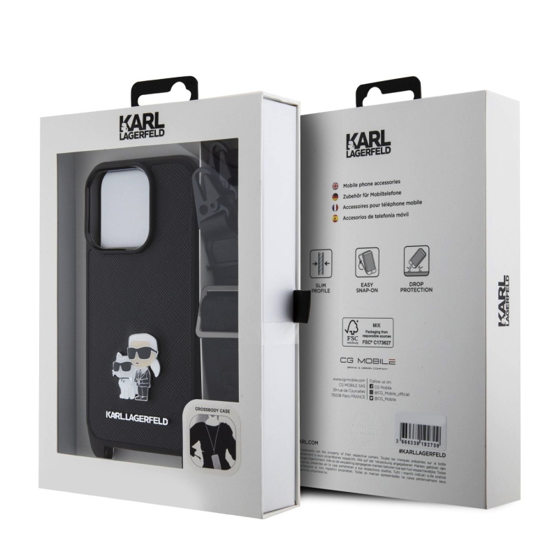 Karl Lagerfeld Saffiano Crossbody fém fém Karl és Choupette hátlap iPhone 15 Pro-hoz fekete