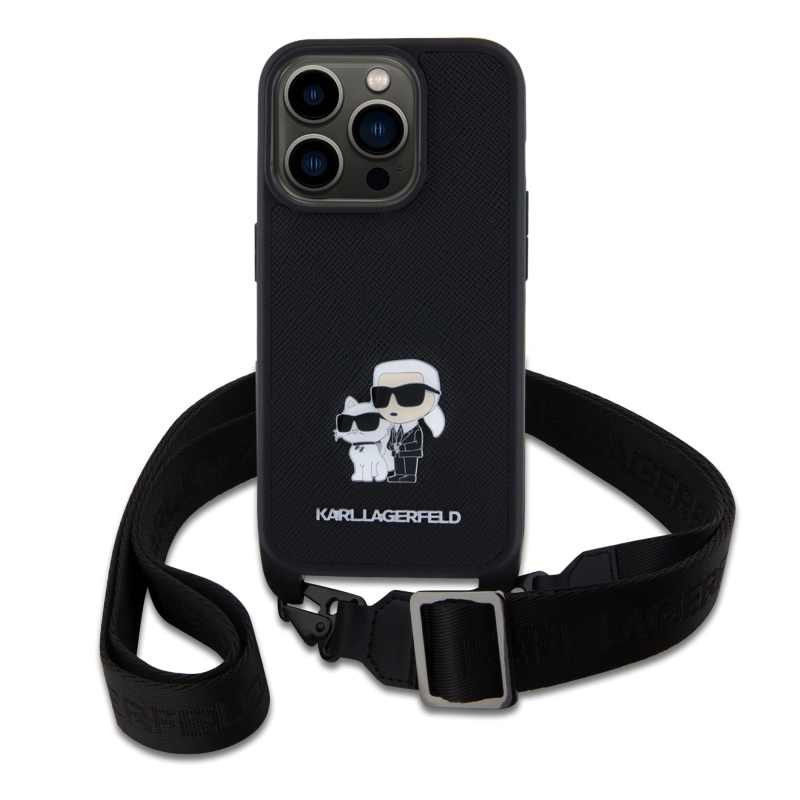Karl Lagerfeld Saffiano Crossbody fém fém Karl és Choupette hátlap iPhone 15 Pro-hoz fekete