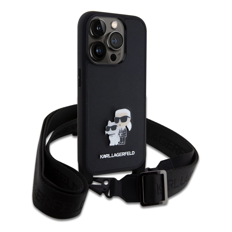 Karl Lagerfeld Saffiano Crossbody fém fém Karl és Choupette hátlap iPhone 15 Pro-hoz fekete