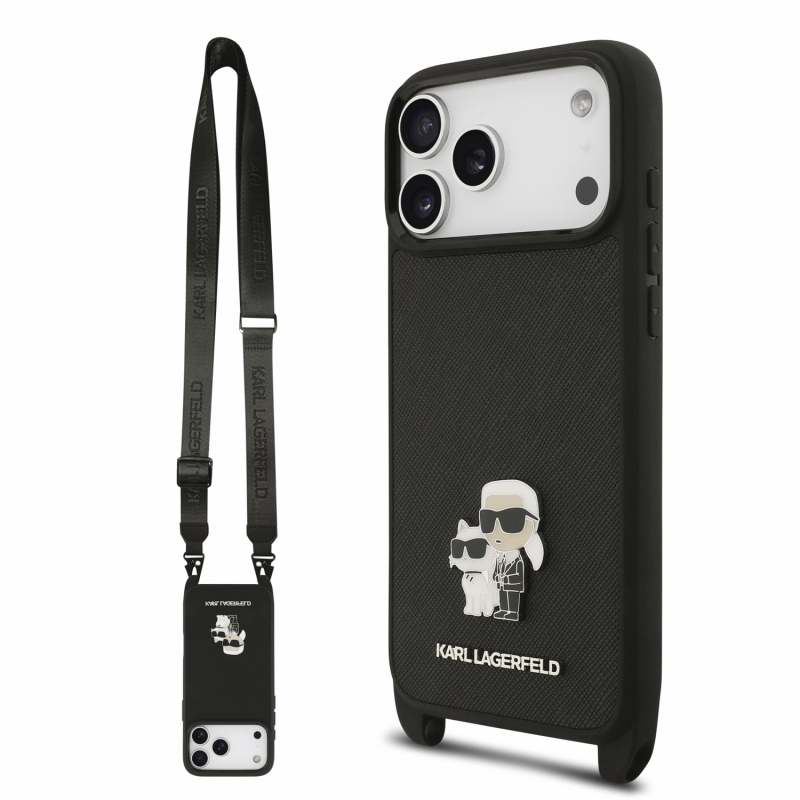 Karl Lagerfeld Saffiano kereszt vállpántos, fém Karl és Choupette hátsó tok iPhone 18 Pro-hoz, fekete