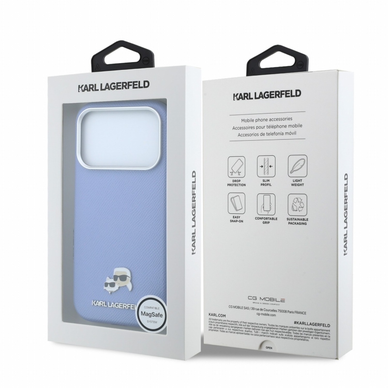 Karl Lagerfeld PU, szemcsés felületű, félig körbefutó K&CH Heads Magsafe hátsó tok iPhone 18 Pro-hoz, kék