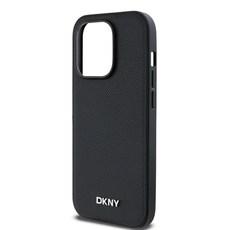 DKNY PU bőr ezüst fém logó Magsafe hátlap iPhone 14 Pro Max-hoz fekete