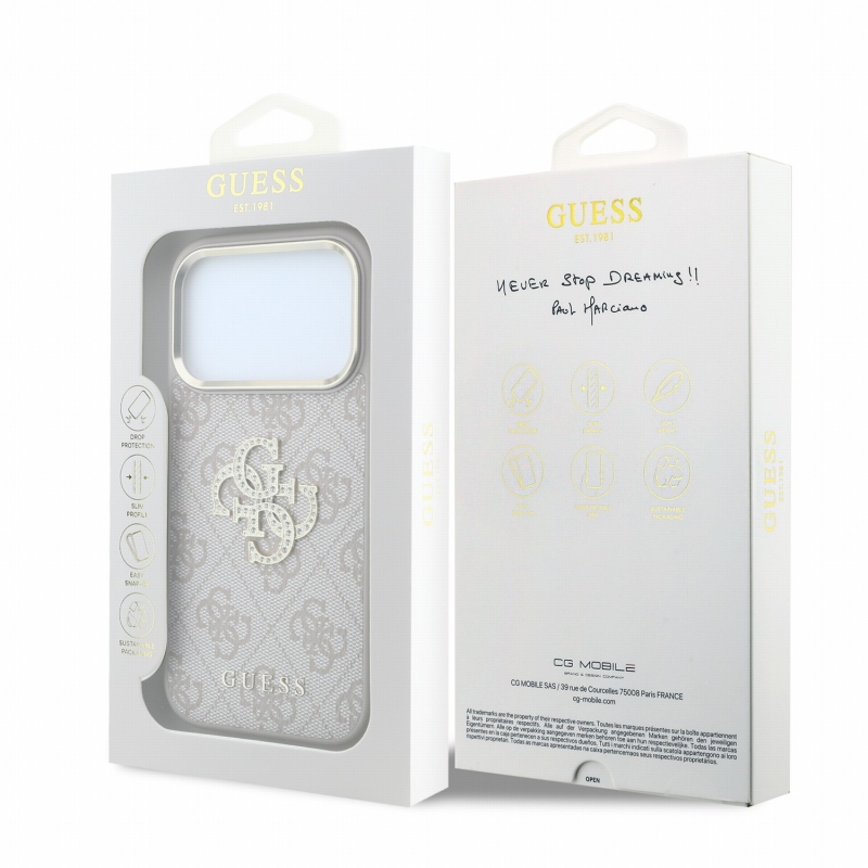 Guess PU 4G Strass Metal Logo hátsó tok iPhone 18 Pro Max-hoz, rózsaszín