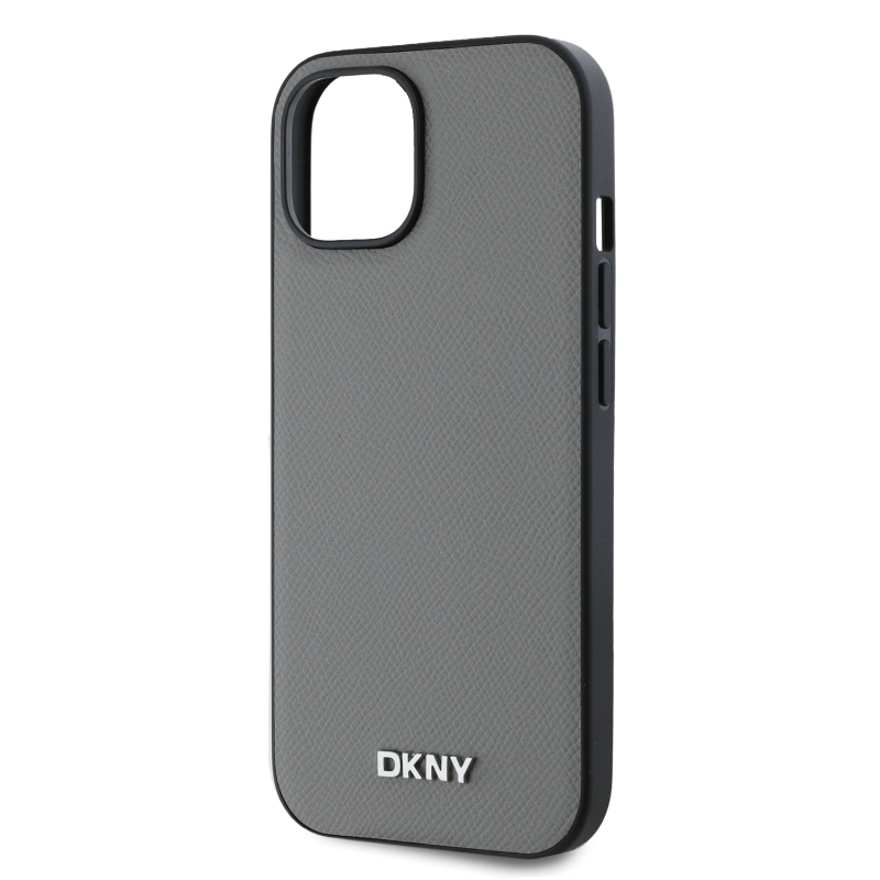 DKNY PU bőr ezüst fém logó Magsafe hátlap iPhone 15 szürke