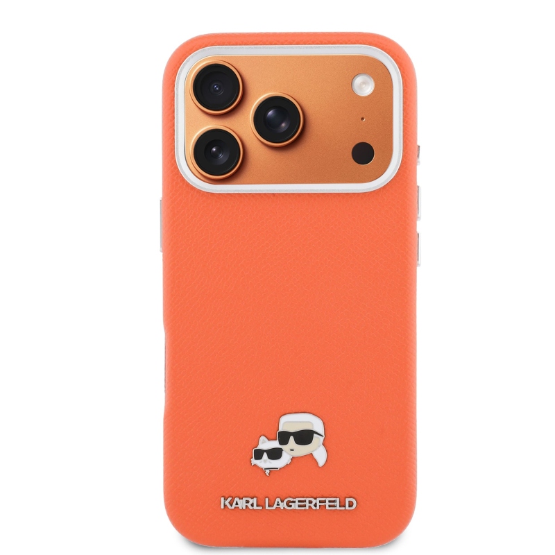 Karl Lagerfeld PU Karl és Choupette fejek tűk MagSafe hátlap iPhone 17 Pro narancssárga borítóhoz