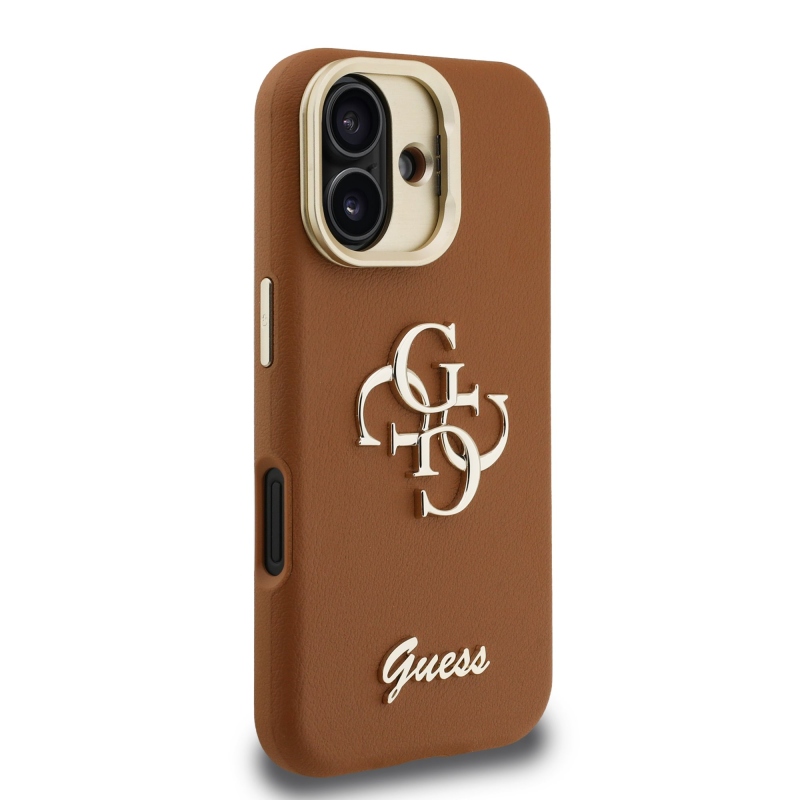 Guess PU szemcsés 4G Logo Stand Kamera keret hátlapi borító iPhone 16 barna barna