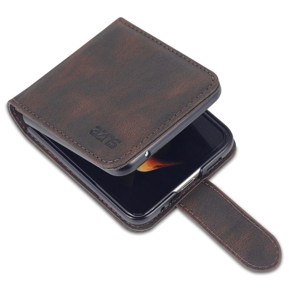 AZNS műanyag borítás PU bőrrel Samsung Galaxy Z Flip5 5G - barna