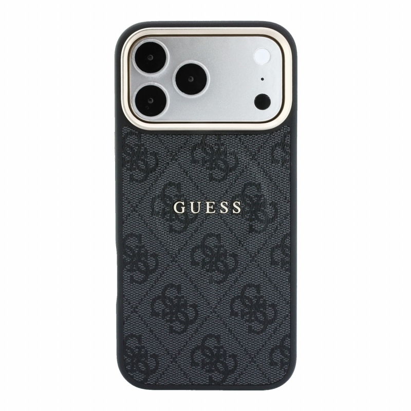 Guess PU bőr 4G aranykeretes, dombornyomott MagSafe hátsó tok iPhone 18 Pro-hoz, fekete