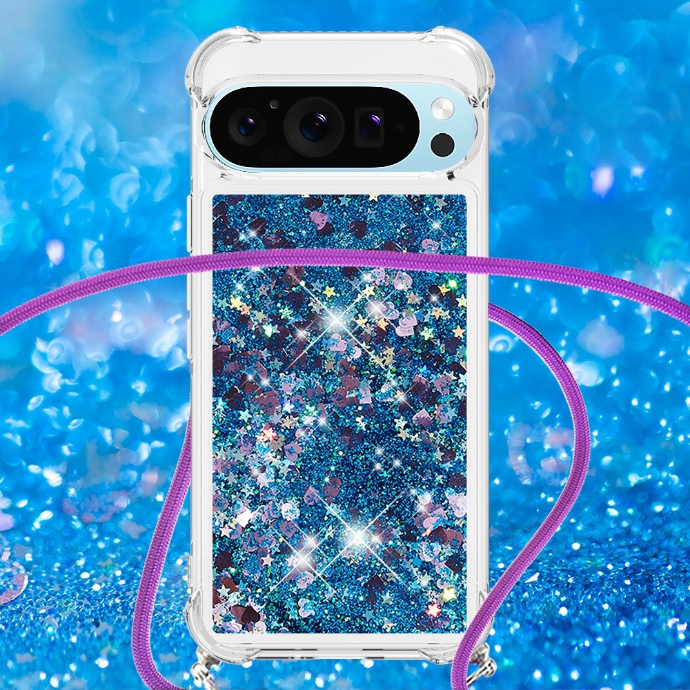 Csillogó homokóra zselés tok zsinórral a Google Pixel 10 Pro/Pixel 10 számára - kék/szív