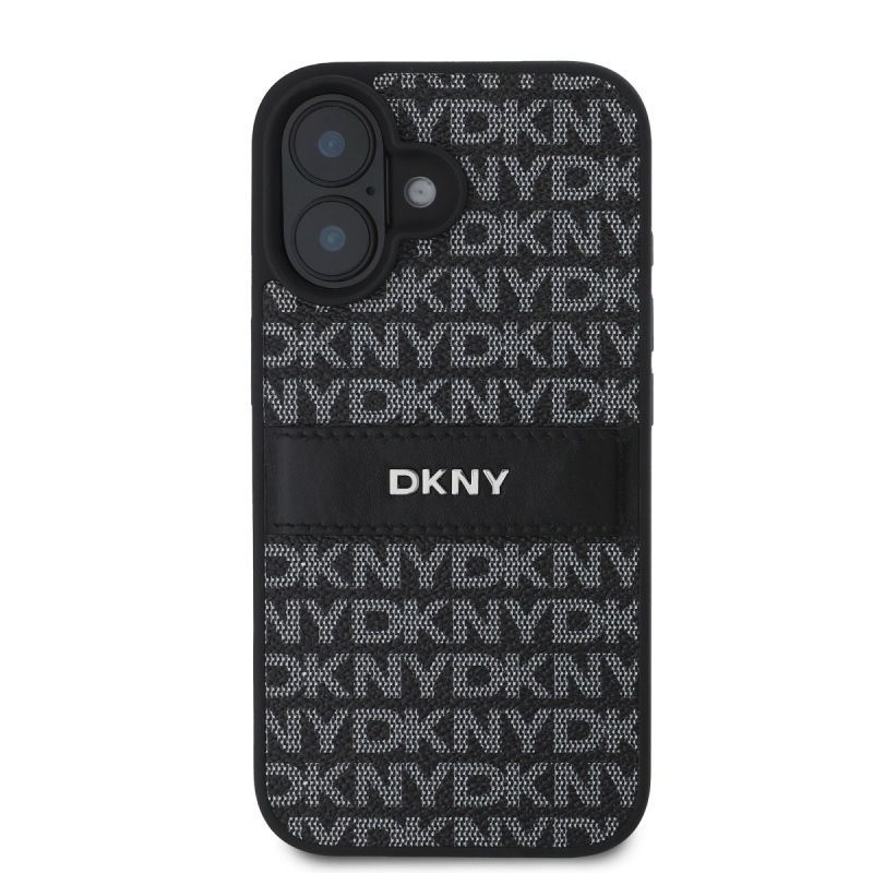 DKNY PU bőr ismétlődő mintás tonális csíkos hátlap iPhone 16 Plus-hoz Fekete