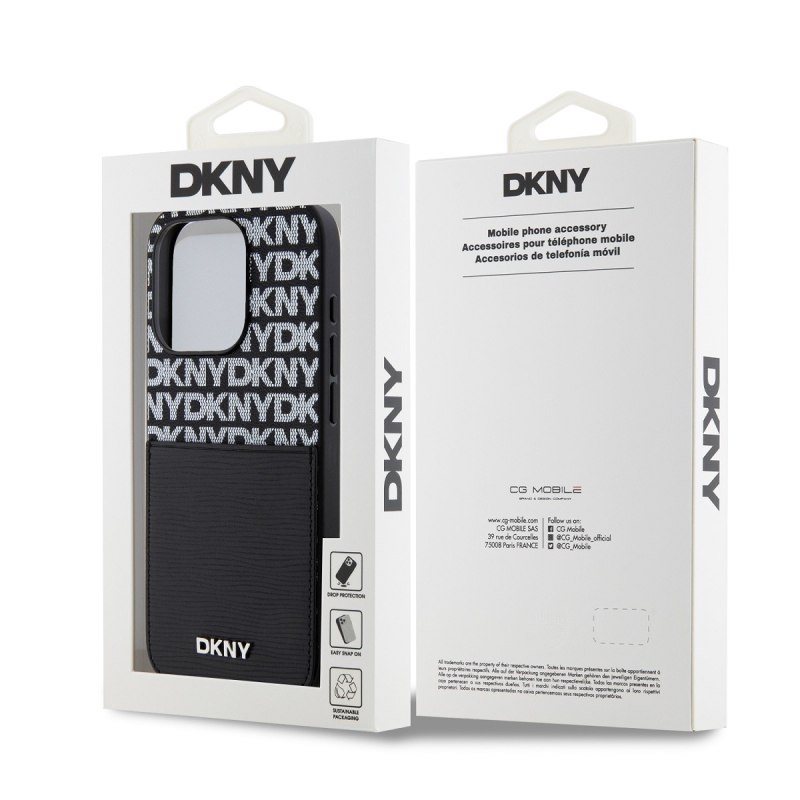 DKNY PU bőr Ismétlődő mintás kártya zseb hátsó borító iPhone 15 Pro Max-hoz Fekete