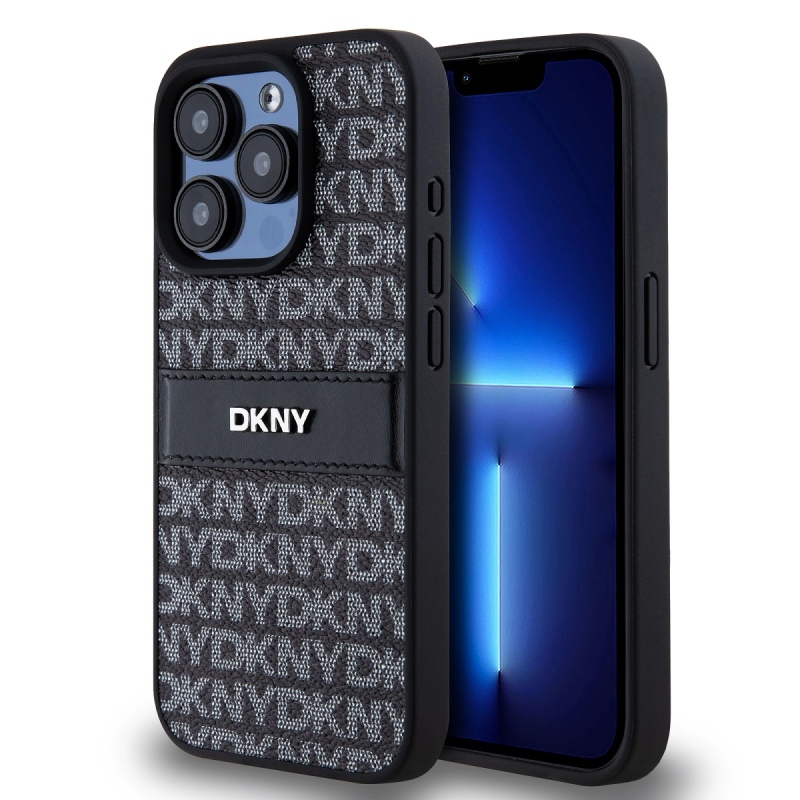 DKNY PU bőr ismétlődő mintás tonális csíkos hátlapi borító iPhone 15 Pro Fekete