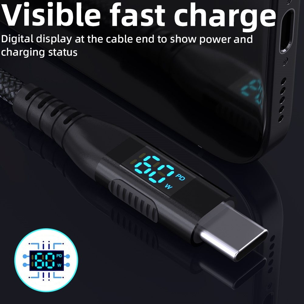 Nejlon USB-C / USB-C kijelzőkábellel 3m 60W - fekete